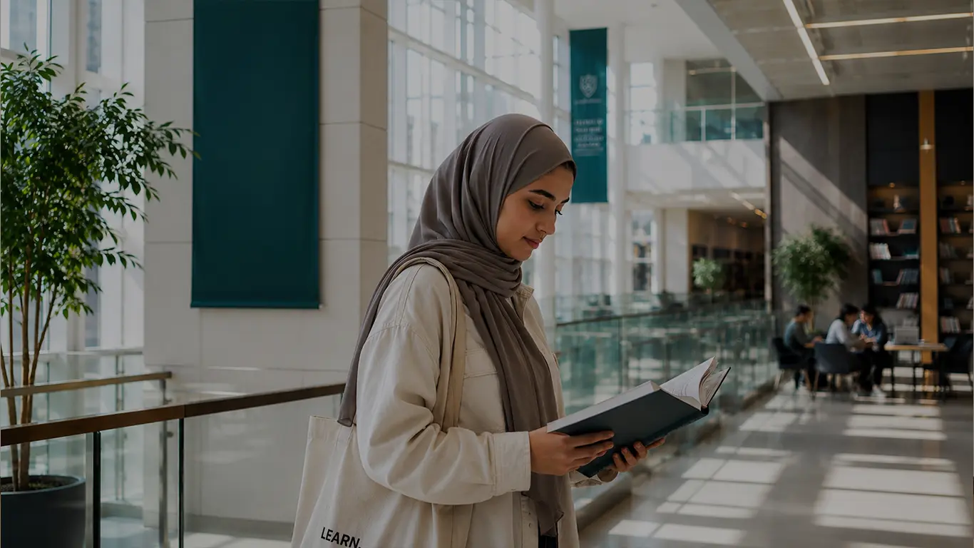 طالبة تجلس على درج الجامعة ومعها حاسوبها المحمول